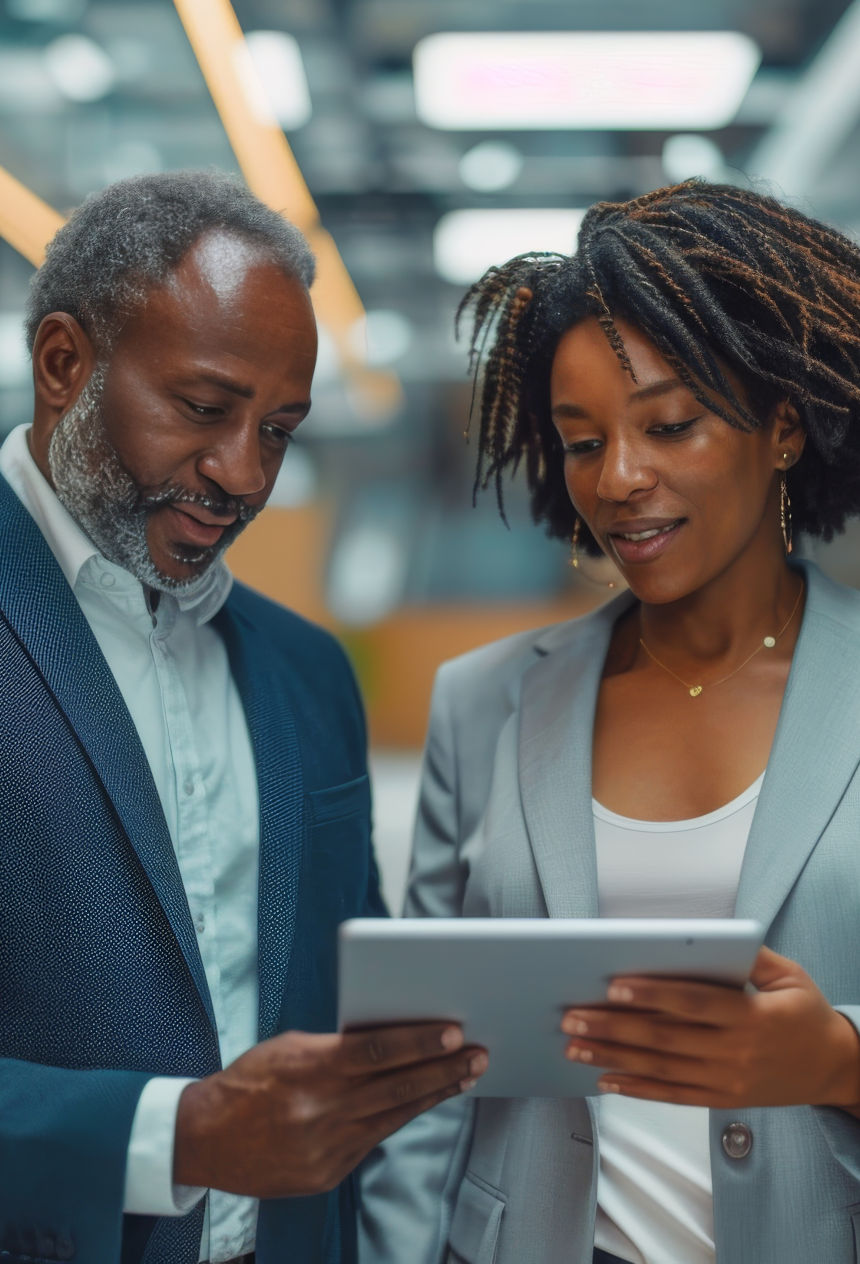 Two individuals (a man and a woman) looking at a content on a digital tablet