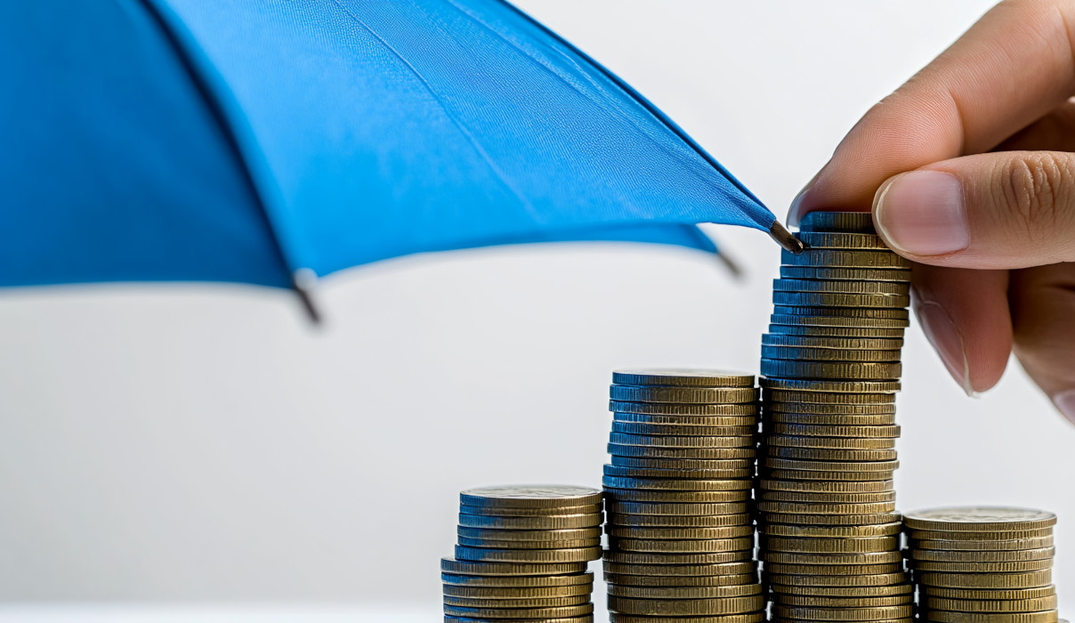 Series of stacked up coins under a blue umbrella