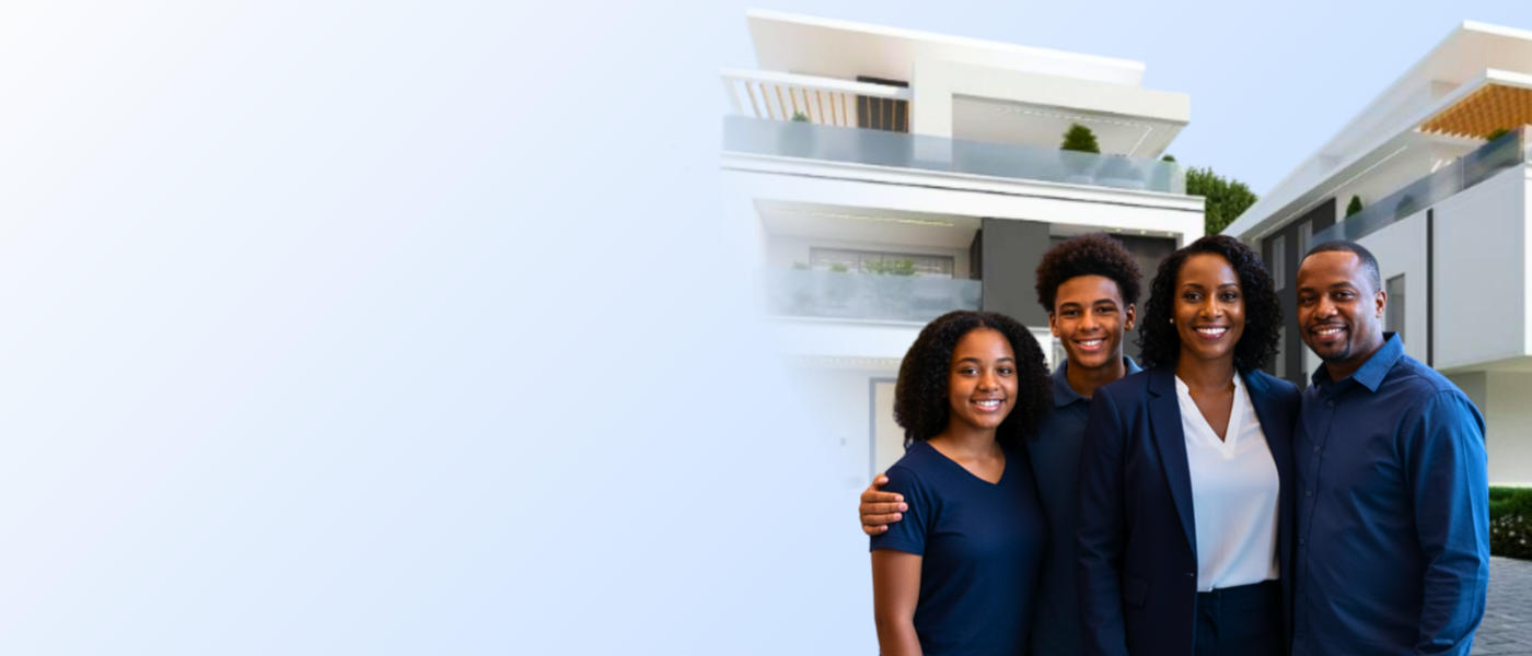 A family standing in front of a furnished modern house