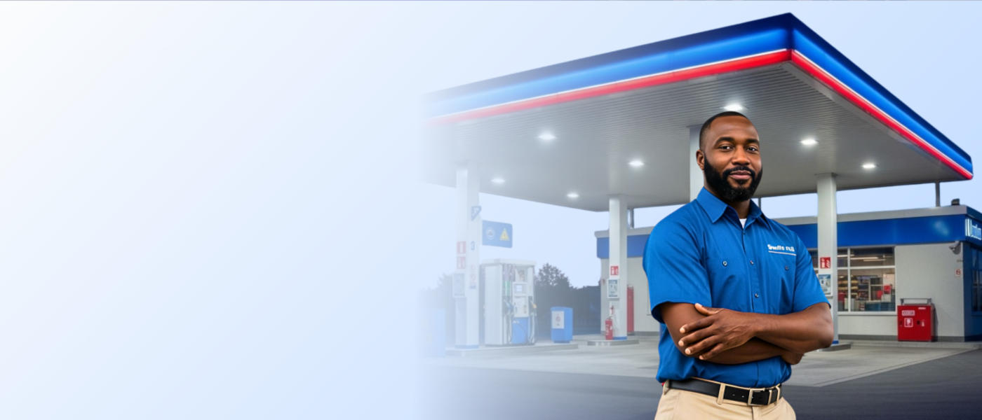 A man standing in front of a gas filling station