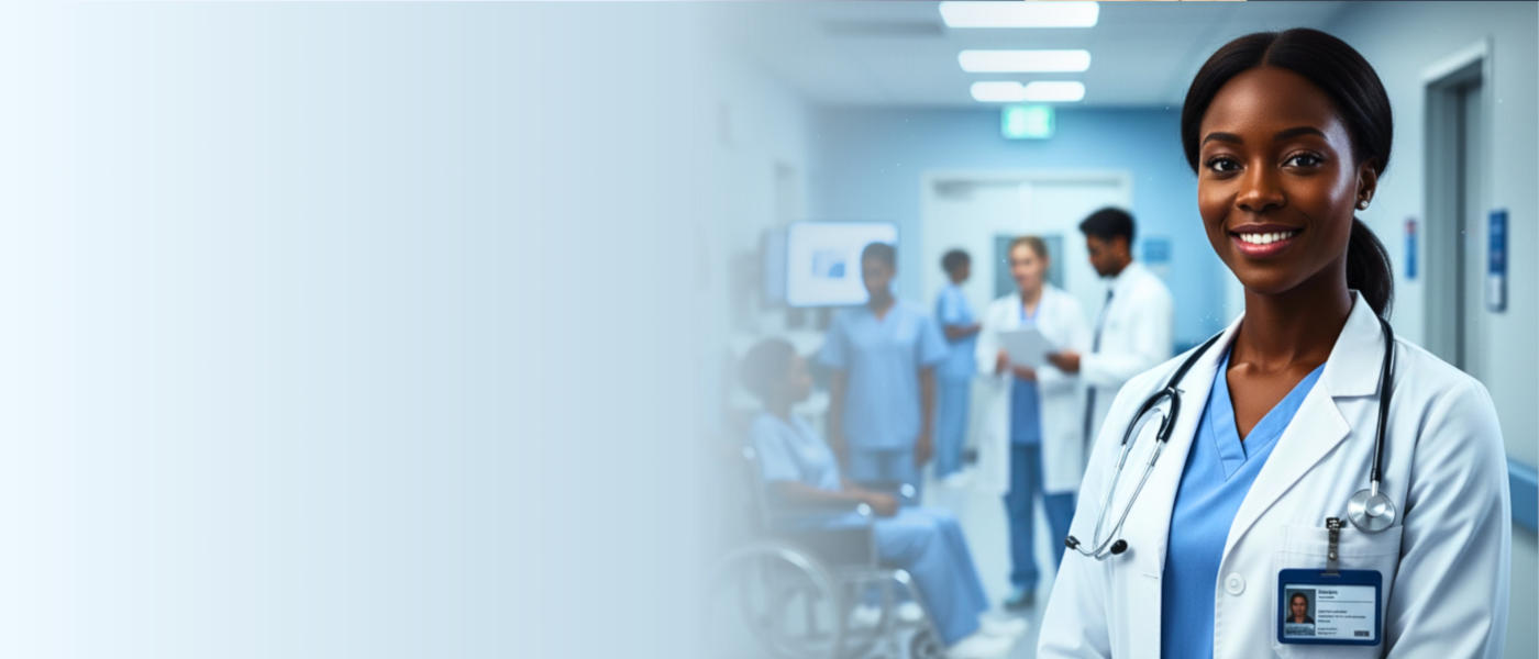 A medical doctor hanging a stethoscope around her necking in hospital with other medical staff behind her