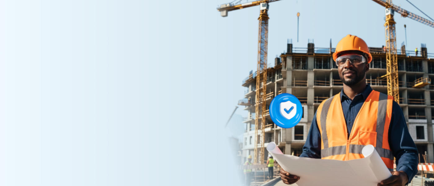 An image of building construction behind a contractor wearing an orange apron and a yellow safety helmet